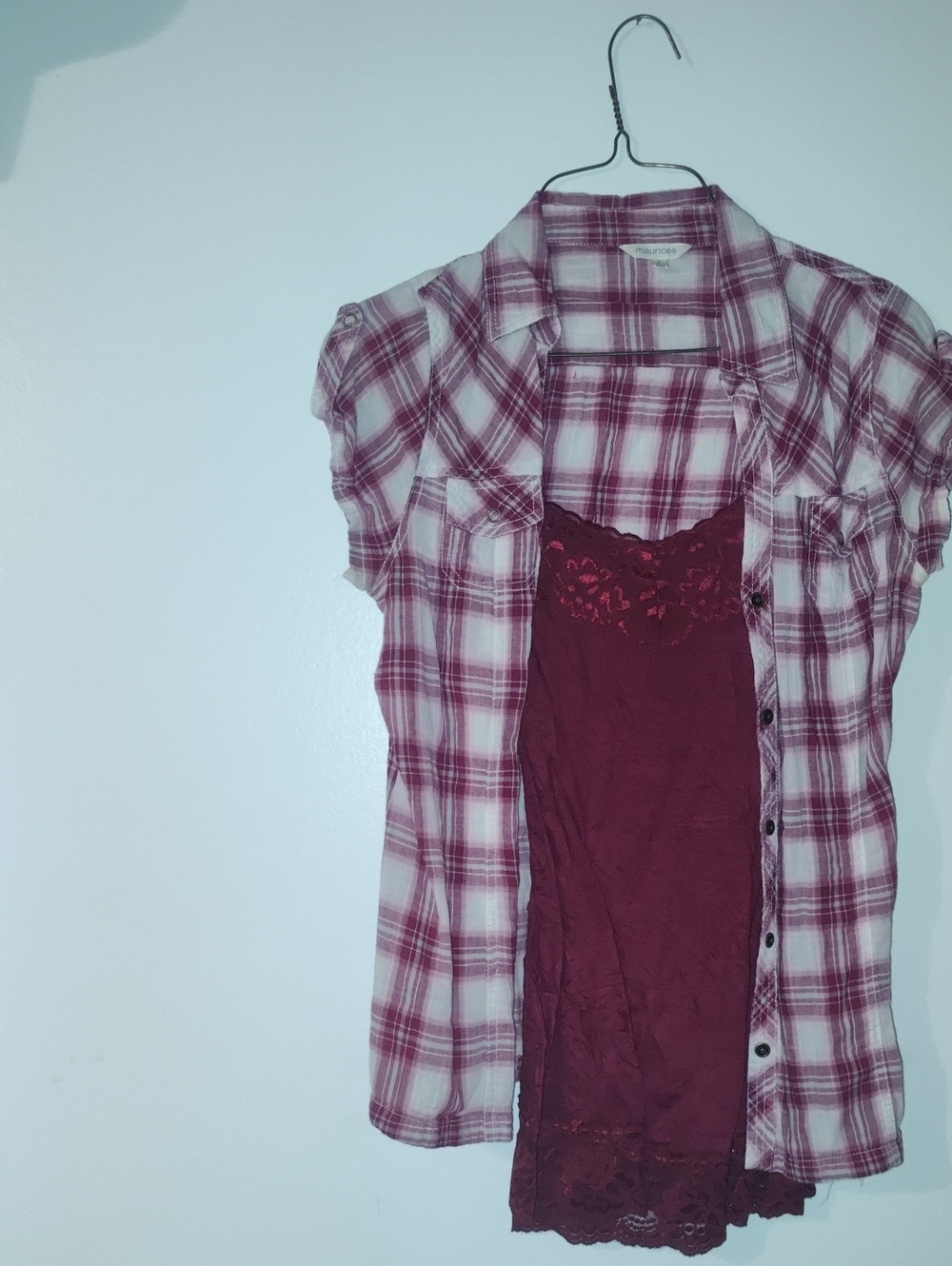 Maurices Maroon Lace Tank with Maroon & White Plaid Button-Down